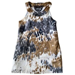 Sleeveless A-Line Dress with Pleated Collar, Pockets & Abstract Pattern